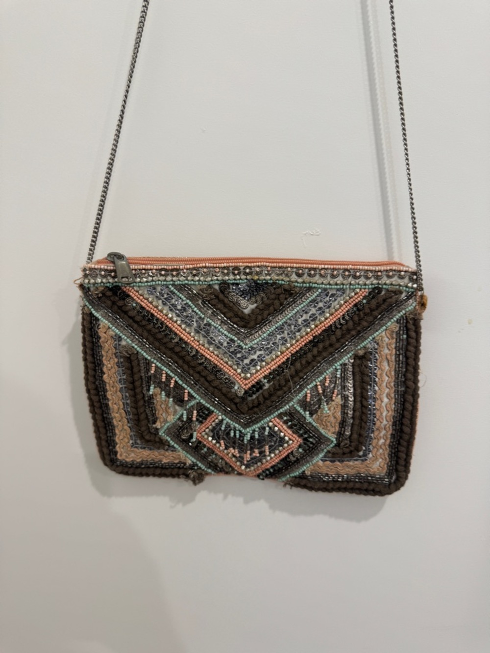Boho Embroidered Crossbody Bag in Brown and Blush